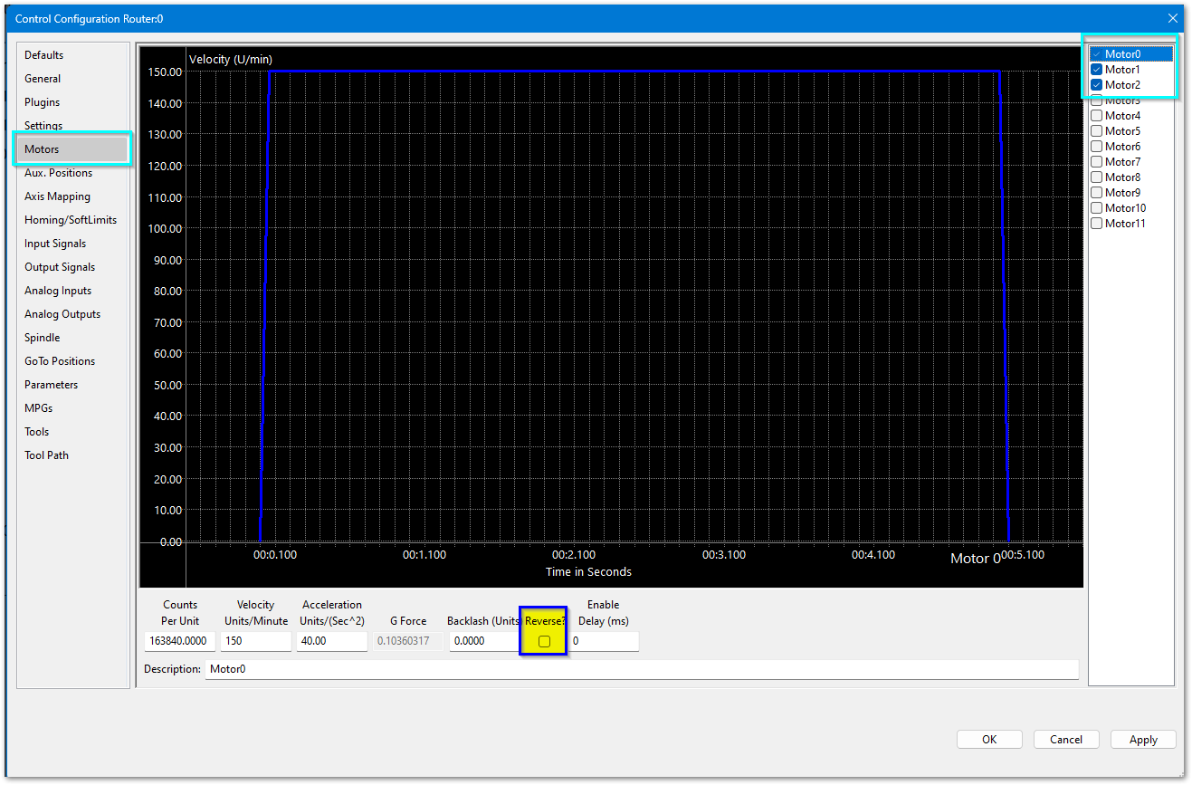 Motors tab with Reverse option