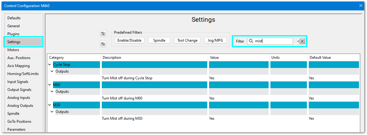 Mist/flood settings