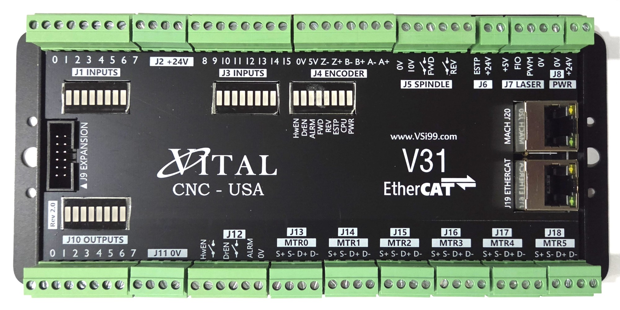 V31 EtherCAT motion controller, Rev 2.0, top view with all connectors labeled