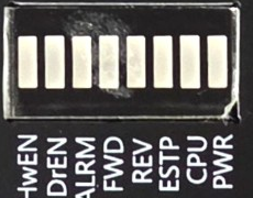 V31 status LED bar: HwEN, DrEN, ALRM, FWD, REV, ESTP, CPU, PWR